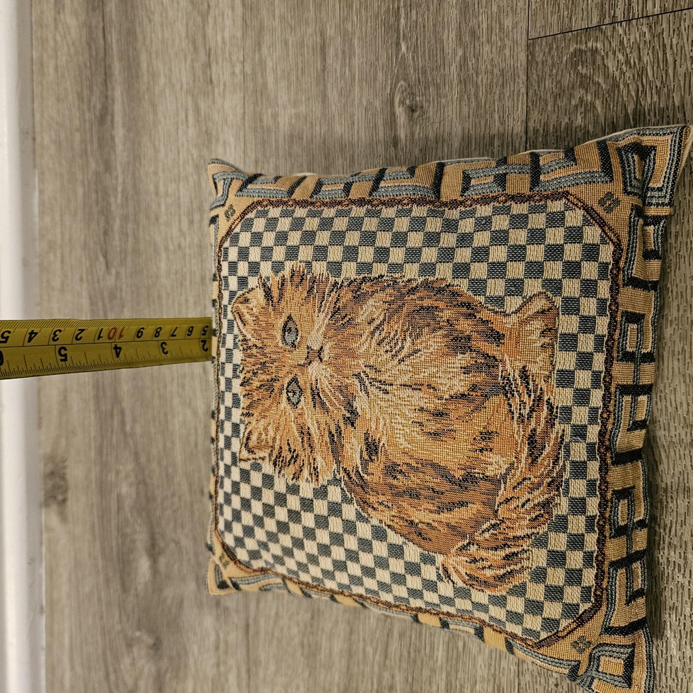 vintage woven tapestry throw pillow orange tabby cat checkered geometric decor - Picture 6 of 8